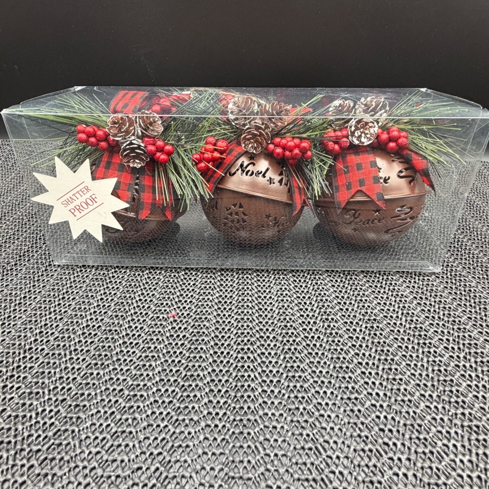 Set of 3 Rustic Christmas Jingle Bell Ornaments Buffalo Plaid Pine Noel Peace